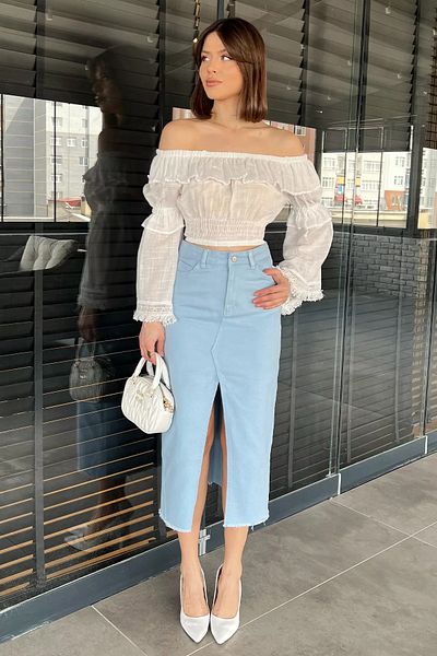 GÜLSELİ Fusta de damă albastră cu buzunar dublu, detaliată, din denim