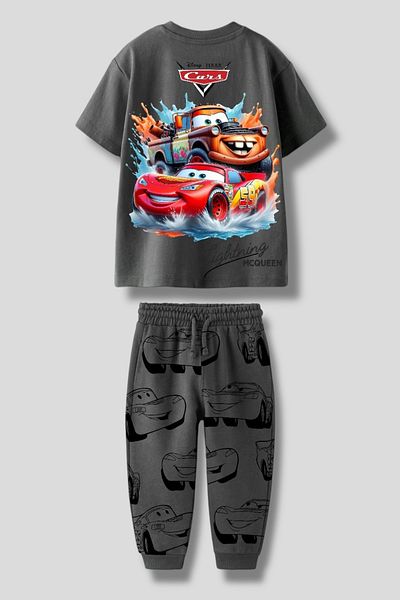 Magu Boy's Cotton Anthracite Cars Themed Suit - Lightning Printed Sweatpants