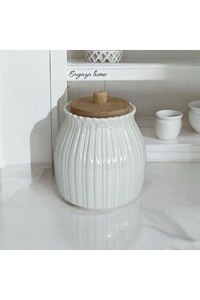 ENYAZA(2024) Daisy Patterned Bamboo Lid Porcelain Tea, Sugar, Salt, Coffee Jar Storage Container Single 1 Piece