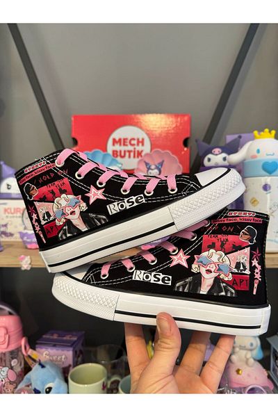 MECH BUTİK Pantofi sport cu imprimeu Blackpink Rose, negri, tip high-top pentru fete