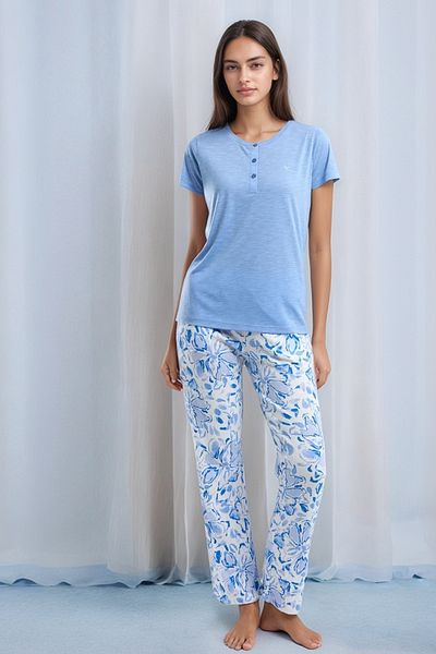 Soweto Set de pijamale pentru femei, cu mâneci scurte, din bumbac pieptănat, cu model lung