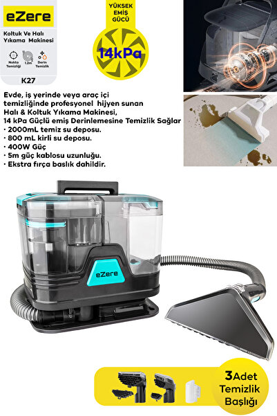 EZERE 14kpa Güçlü Koltuk Ve Halı Yıkama Temizleme Makinesi 2000mml Su Hazneli...