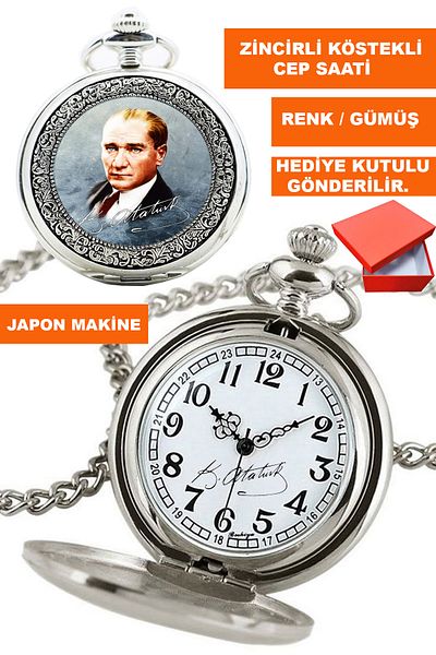 COBRA Kemal Ataturk Visual and Signed Silver Color Chain Shackle Pocket Watch