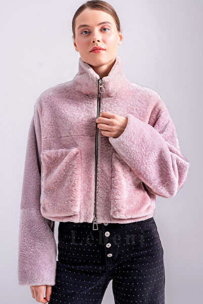 Lebeni Pembe Kuzu Kürkü Crop Ceket - Kısa Oversize Shearling Peluş Büyük Cepli