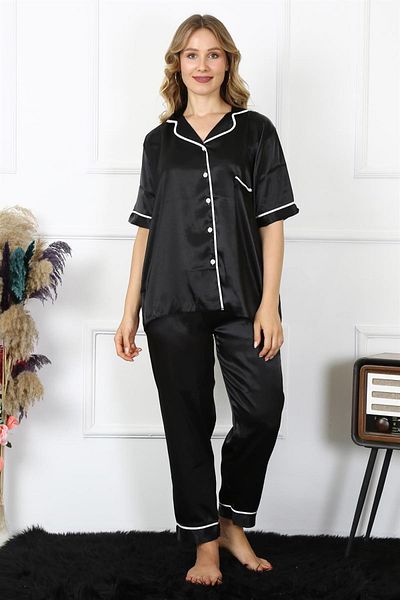 Celira Women's Large Size Black Satin Pajama Set 10303