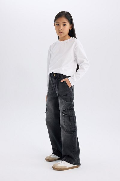DeFacto Girl's Wide Leg Cargo Wide Leg Jean Trousers C8539A824Au