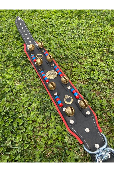 Sürmeli Tasma Genuine Leather Kangal Dog Collar with 8 Bells, Beads and Crescent Star