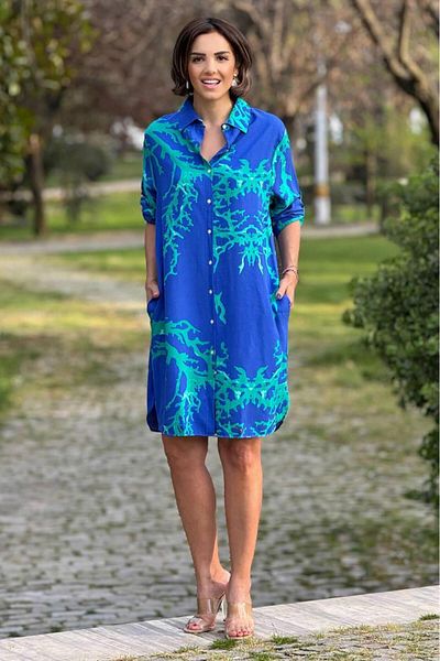 Nevin Kaya Moda Φόρεμα πουκάμισο από 100% βαμβακερό μίντι μήκους μπλε OCEAN