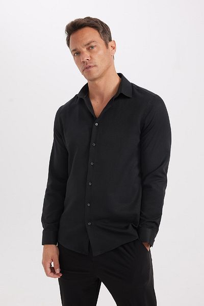 DeFacto Slim Fit Slim Fit Polo Collar Poplin Μακρυμάνικο Μαύρο Πουκάμισο R4340az24sp