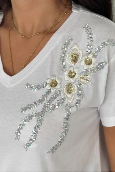 FEMELLE Women's White V-Neck Shoulder Sequin Embroidered 100% Cotton T-Shirt