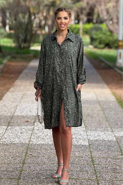 Nevin Kaya Moda Πράσινο Χρώμα Midi Μήκος Πουκάμισο Φόρεμα 100% Βαμβακερή Βισκόζη