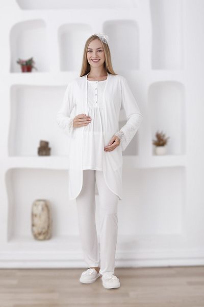 Pelin Women's Lace Detailed Adjustable Waist Maternity Maternity 3-Piece Pajama Set