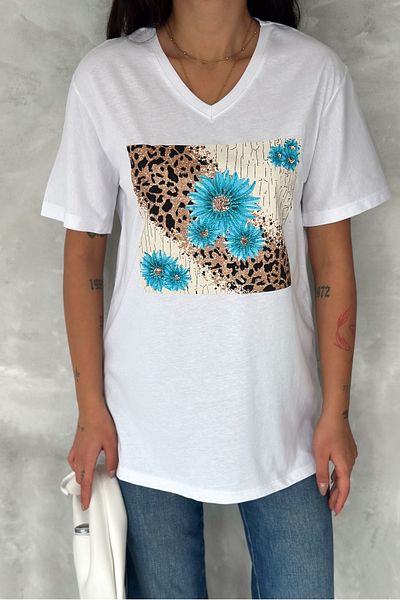 FEMELLE Women's White V-Neck Large Size Floral Sequin Sequin Embroidered 100% Cotton T-Shirt