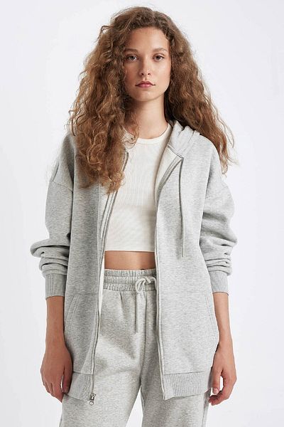 DeFacto Übergroßes Kapuzen-Sweatshirt mit Reißverschluss – Tasche, gerader Schnitt V4233az24wn