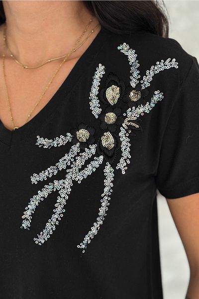 FEMELLE Tricou negru pentru femei, cu decolteu în V, cu paiete brodat din bumbac 100%