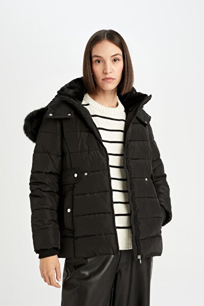 DeFacto Vodoodpudivý kabát s dlouhým prachem - odnímatelná kapuce z umělé kožešiny s prošívaným zipem a kapsou