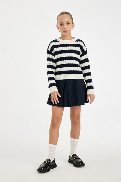 DeFacto Girl's Navy Blue Striped Standard Fit Crew Neck Knitwear Sweater C6972A824Au