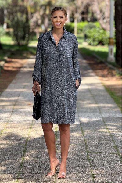 Nevin Kaya Moda Gray Color Midi Length Shirt Dress 100% Cotton Viscose
