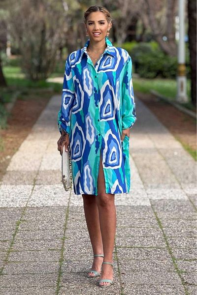 Nevin Kaya Moda Φόρεμα πουκάμισο με μοτίβο τιρκουάζ Mone Midi μήκους 100% βαμβακερή βισκόζη