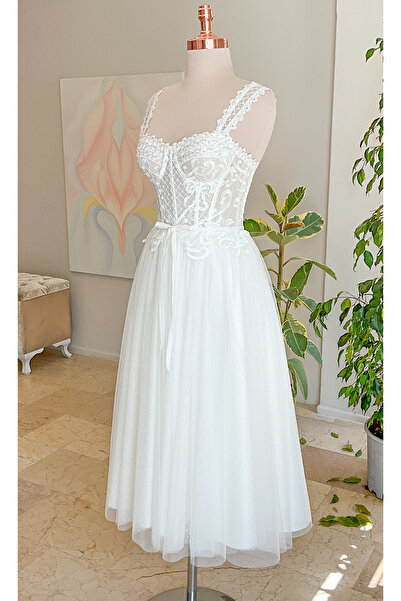 MAUNAU Midi Boy Puantiyeli Tül Gelinlik / Nikah Elbisesi, After Party Elbisesi