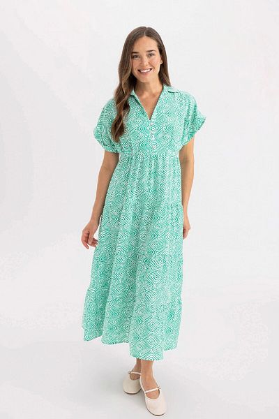 DeFacto Gemustertes Maxikleid mit Hemdkragen aus Viskose – Kurzarm C8713ax24sm