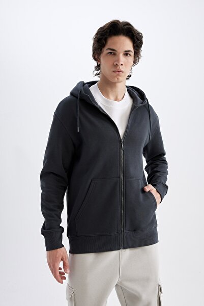 DeFacto Soft Feather Basic Sweatshirt with Hood - Pocket, Solid Zipper X8331Az24Au