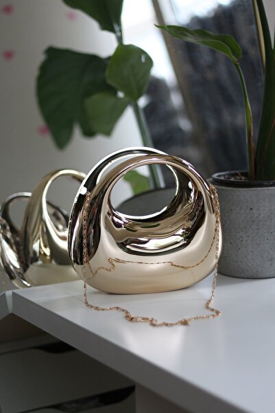 Moom Bag Women's Gold Metallic Oval Handle Mica Mold Evening Dress Handbag