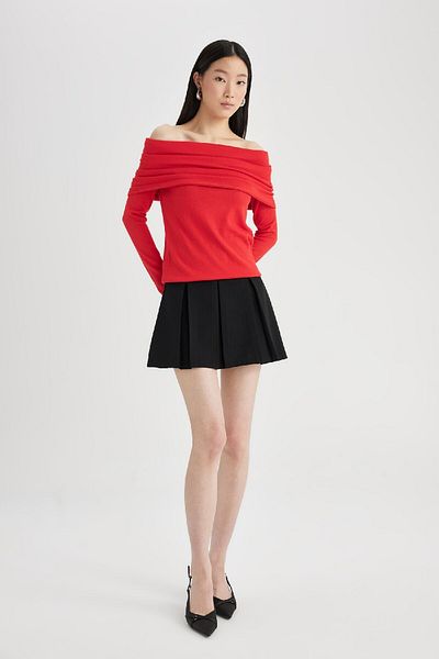 DeFacto Fitted Open Shoulder Knitwear Red Sweater D0049Ax24Sp