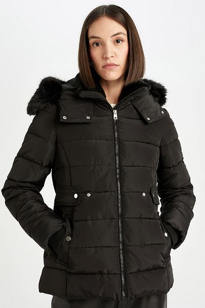 DeFacto Water Repellent Long down Coat - Detachable Faux Fur Hood with Quilted Zipper and Pocket