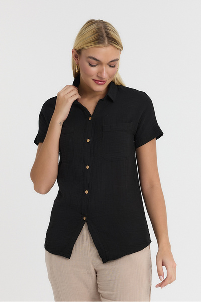 TCT TEKSTİL Women's Shirt - Short Sleeve Shirt with Muslin Collar - 1140