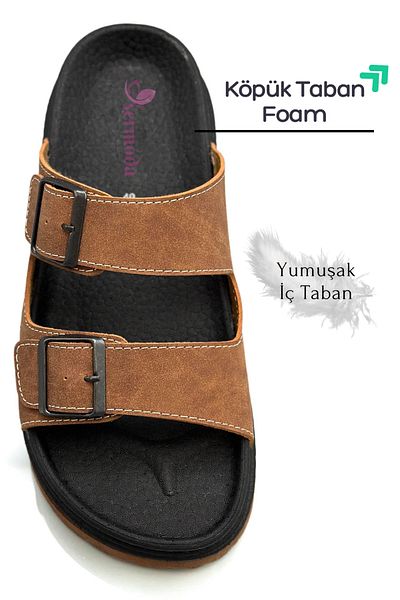 sermoda Men's Slippers Tan - Width Foam Sole - Leather - Double Buckle Adjustable