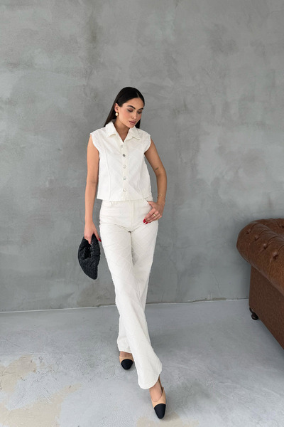Seda Yalçın Atelier Ecru Diamond Patterned Denim Vest and Trousers Set