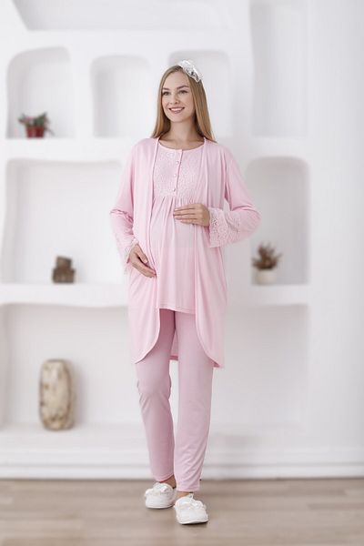 Pelin Women's Lace Detailed Adjustable Waist Maternity Maternity 3-Piece Pajama Set