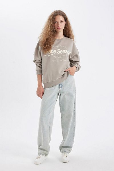 DeFacto Χοντρό φούτερ με στάμπα Loose Fit Crew Neck C7814ax24wn
