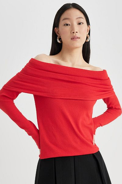 DeFacto Fitted Open Shoulder Knitwear Red Sweater D0049Ax24Sp