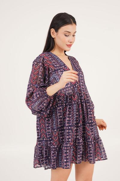 Hipo Trend V Yaka Desenli Kol Lastik Detaylı Lacivert Elbise