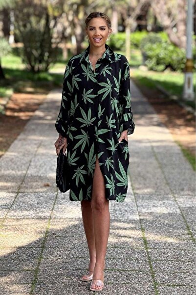 Nevin Kaya Moda Φόρεμα πουκάμισο με μοτίβο μαύρου φύλλου Midi μήκους 100% βαμ...