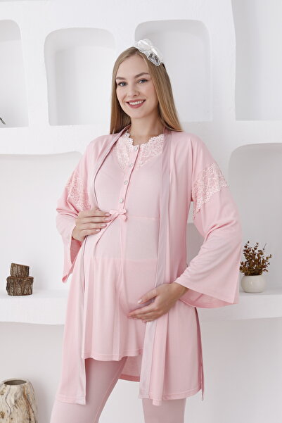 Pelin Kadın Dantel Detaylı Ayarlanabilir Bel Özellikli Lohusa Hamile 3'Lü Pijama Takımı