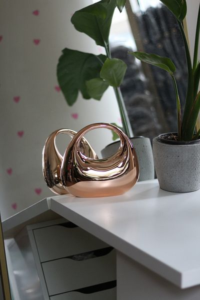 Moom Bag Geantă de mână pentru rochie de seară pentru rochie de seară, metalizată, ovală, cu mâner, din aur roz