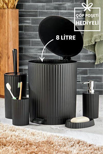 Homie 5 Parça Pedallı Banyo Seti - Yuvarlak Çöp Kovası WC Fırçası Sıvı-Katı S...