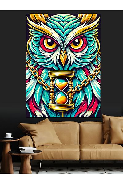 Tablomega Pânză decorativă cu bufniță colorată și clepsidra - Lemn MDF