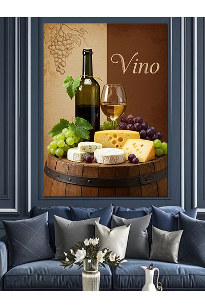 Tablomega Wine, Cheese and Grapes Decorative Canvas - Mdf Wooden Painting
