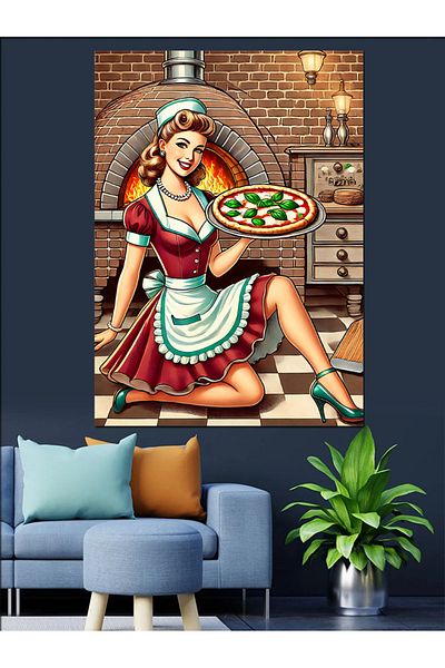 Tablomega Woman Serving Pizza Decorative Canvas - Mdf Wooden Painting