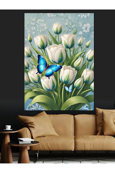 Tablomega Canvas Decorativ Lalele Albe Fluture - MDF Lemn