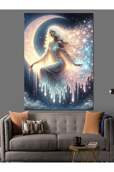 Tablomega White Angel and Crescent Decorative Canvas - Mdf Wooden Painting
