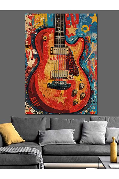 Tablomega Colorful Electric Guitar and Lines Decorative Canvas - Mdf Wooden Painting
