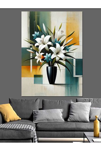Tablomega Elegant White Flower Arrangement Decorative Canvas - Mdf Wooden Table
