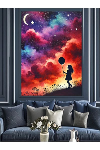Tablomega Children's Decorative Canvas with Starry Night and Balloons - Mdf Wooden Painting