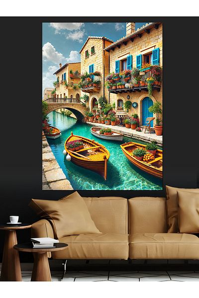 Tablomega Colorful Channels and Houses Decorative Canvas - Mdf Wooden Painting