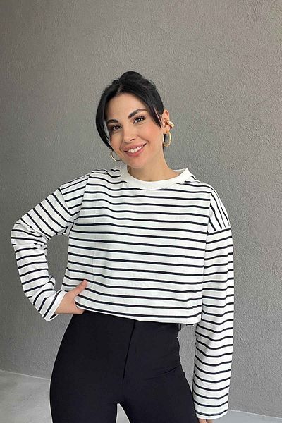 Seda Yalçın Atelier White Navy Blue Striped Crew Neck Long Sleeve T-Shirt